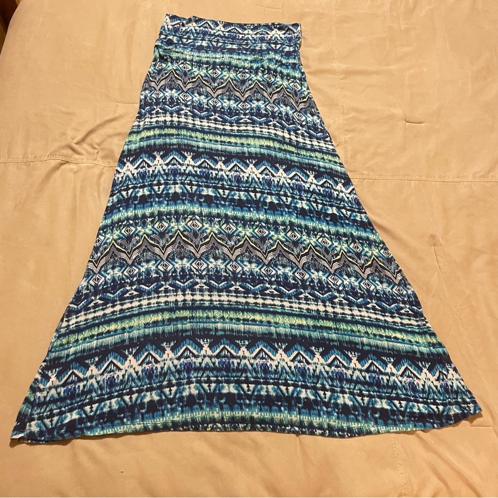 French Laundry Jersey Maxi Skirt Women M Blue Green  Boho Hippy Festival Holiday